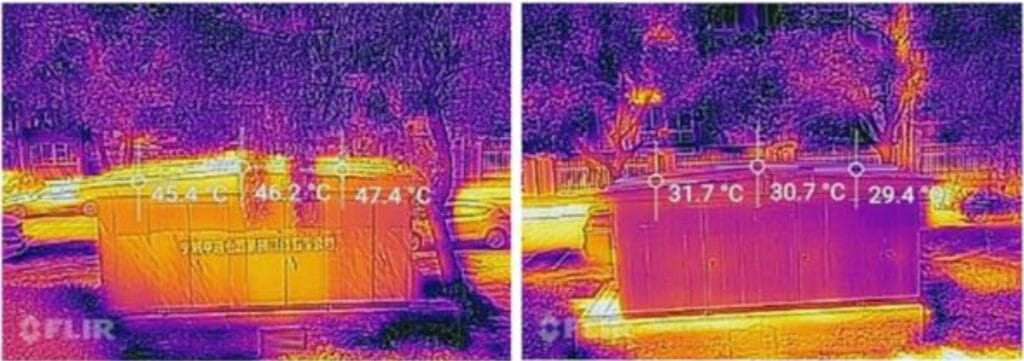 Porównanie temperatur stacji transformatorowych w słońcu: z lewej bez powłoki PDRC, z prawej pokryta folią PDRC. Różnica na powierzchni do 18 st. C