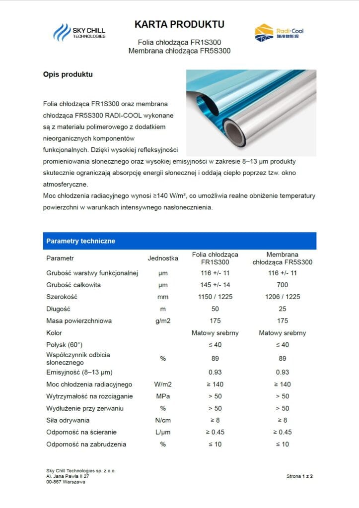 karta produktu. folia i membrana chłodząca Radi-Cool